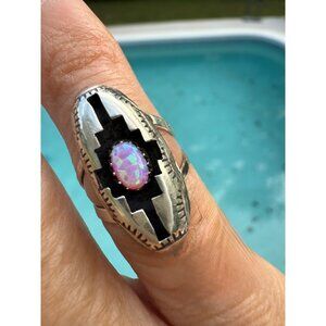 Artisan Native Navajo Handmade Felix Perry SS 925 Opal Shadow  box Ring Sz 4.5